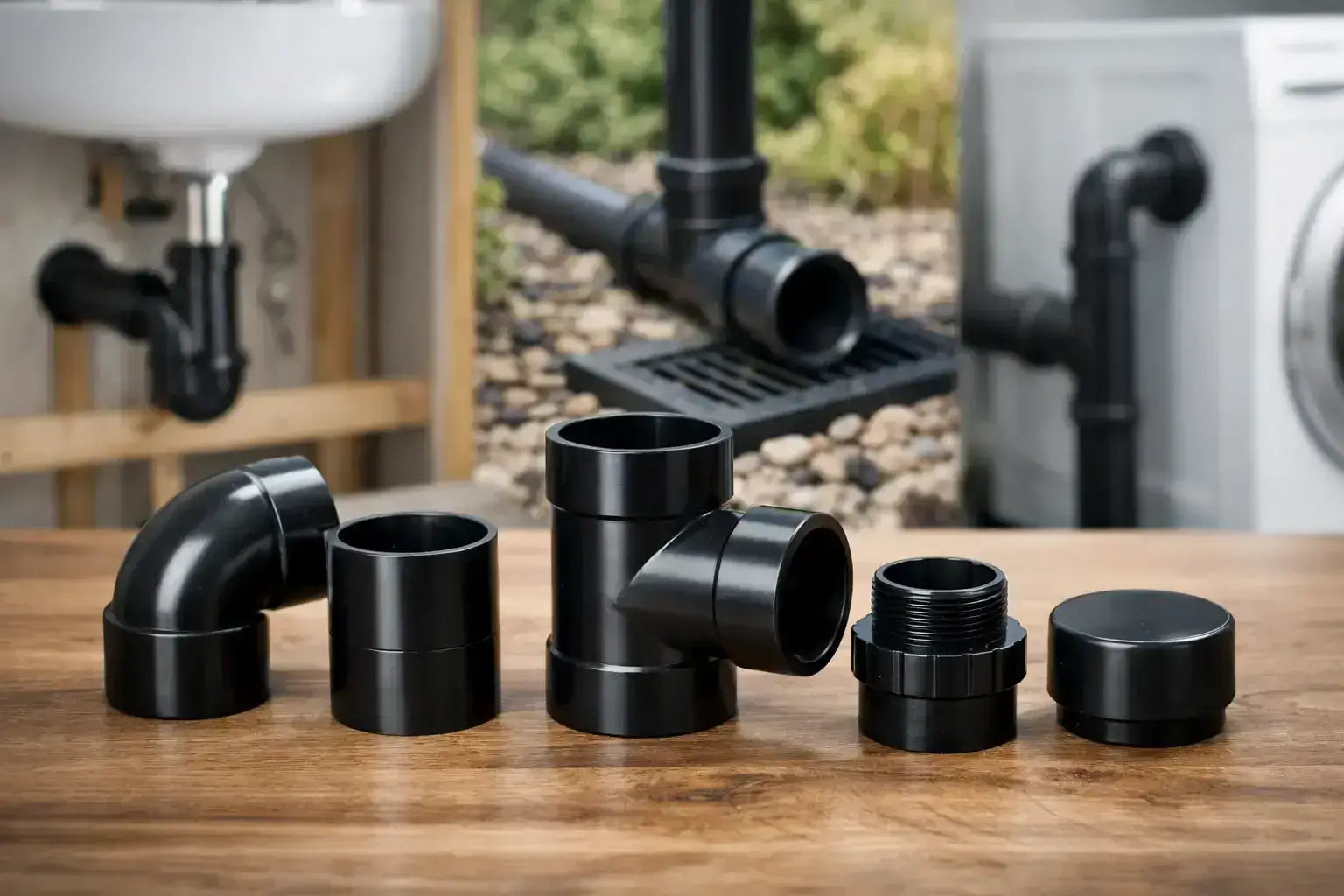 Various black ABS pipe fittings showcasing the uses of ABS pipe fittings for plumbing.