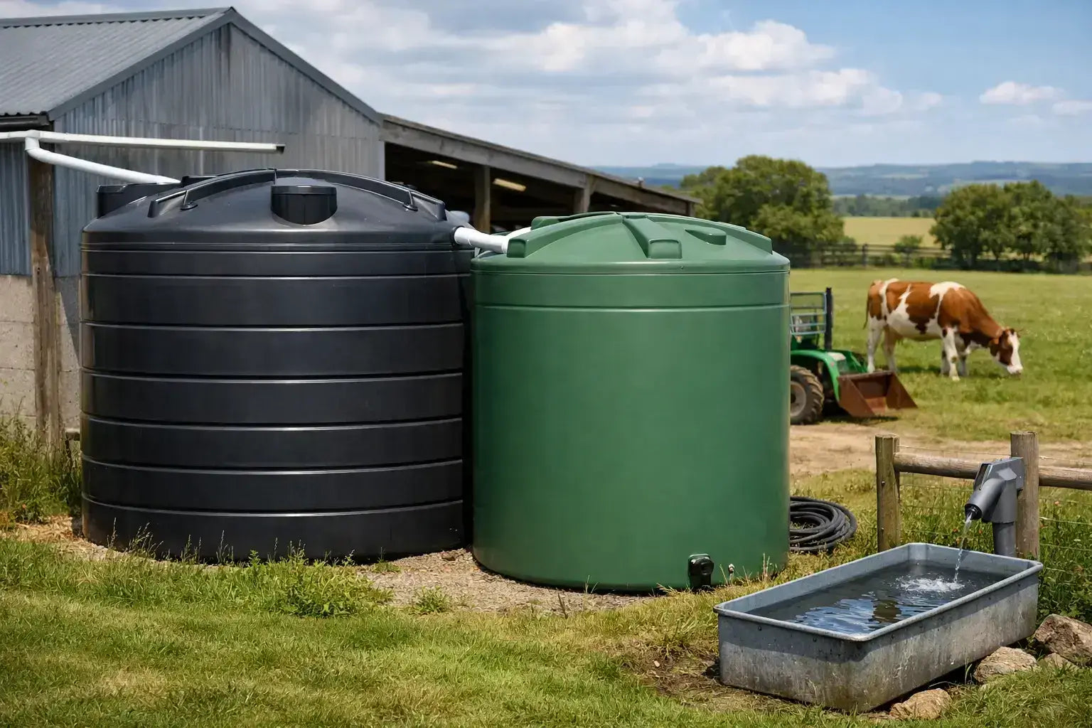 Two rainwater harvesting tanks for farms positioned by a barn, with a cow grazing in the background.