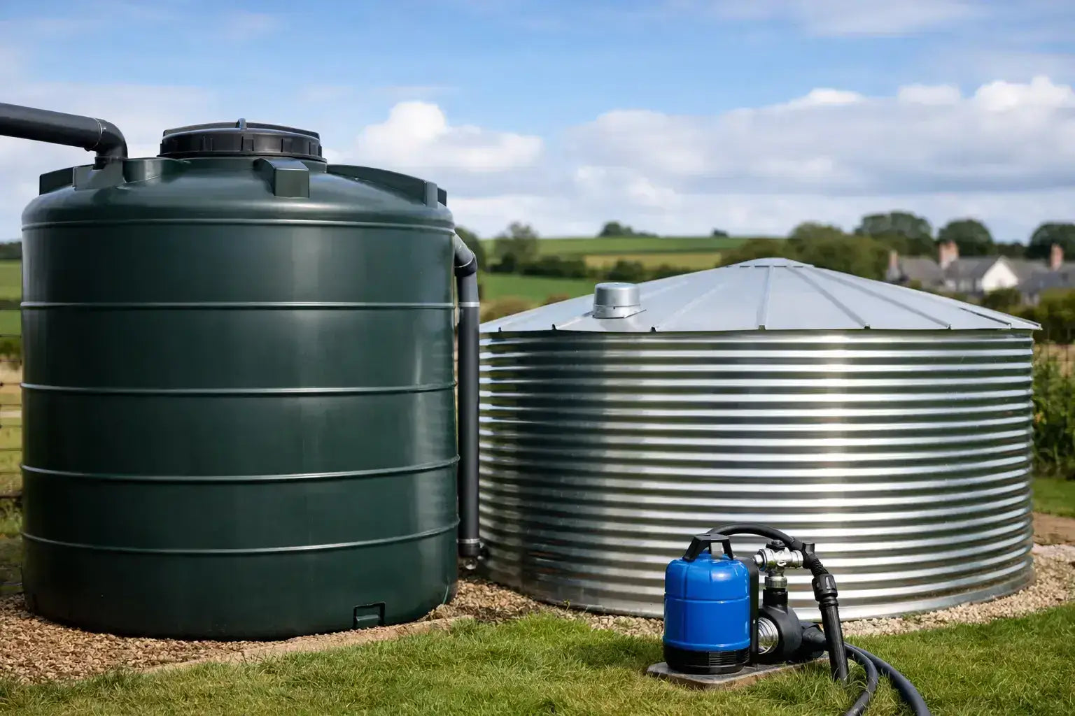 Potable water storage tanks UK featured in a countryside setting, showcasing a green and silver tank design.