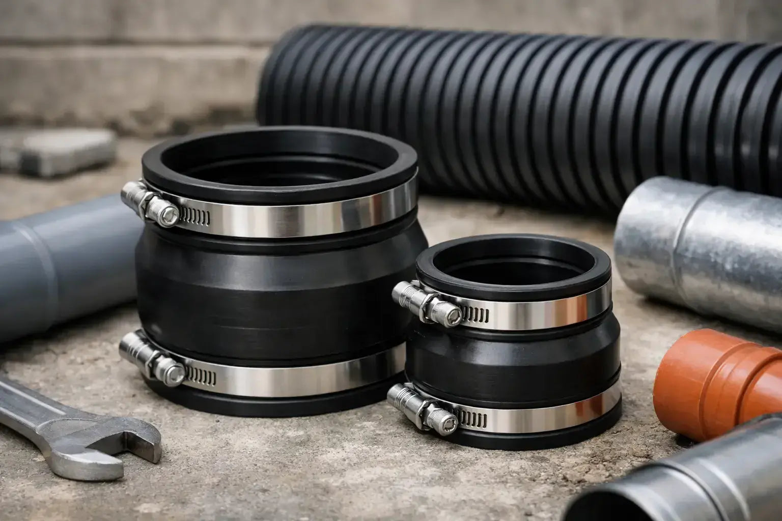 EPDM rubber drain couplings placed alongside various plumbing accessories on a concrete surface.