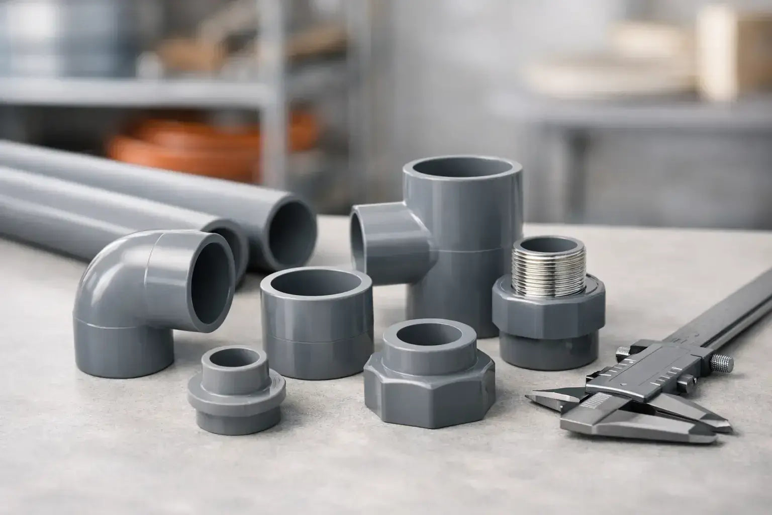 Choosing PVC pipe fittings displayed with various gray PVC pipe fittings and tools.
