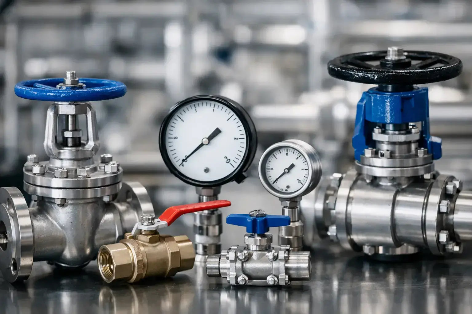 Various types of valves and pressure gauges illustrating the valve pressure rating guide.