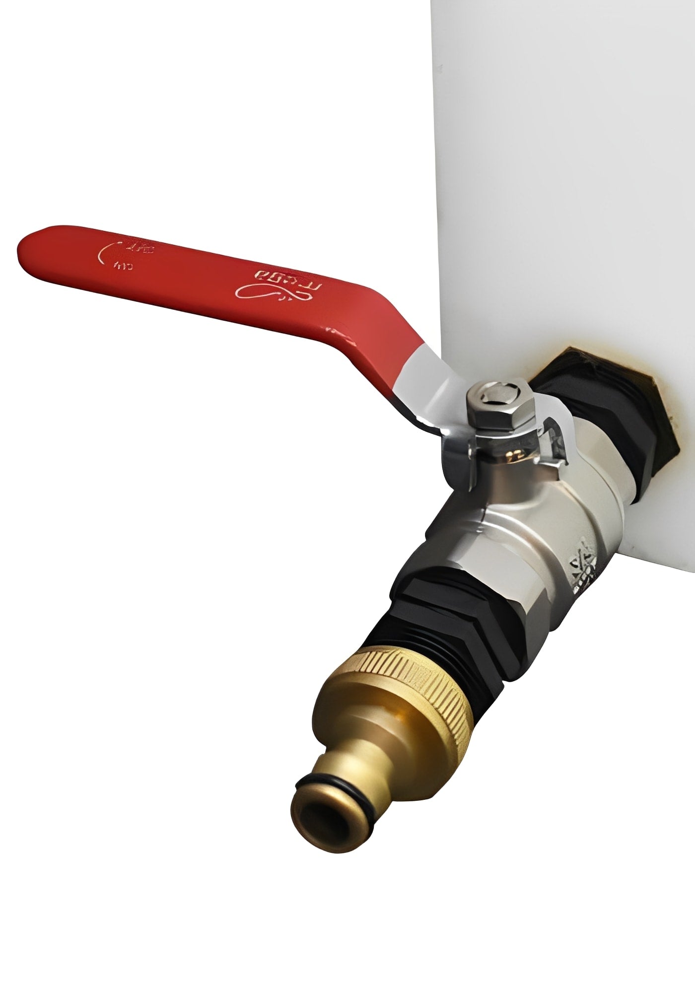 Close-up of a valve with a red handle attached to a 1000 Litre Baffled Water Tanks - V1 for efficient water flow.