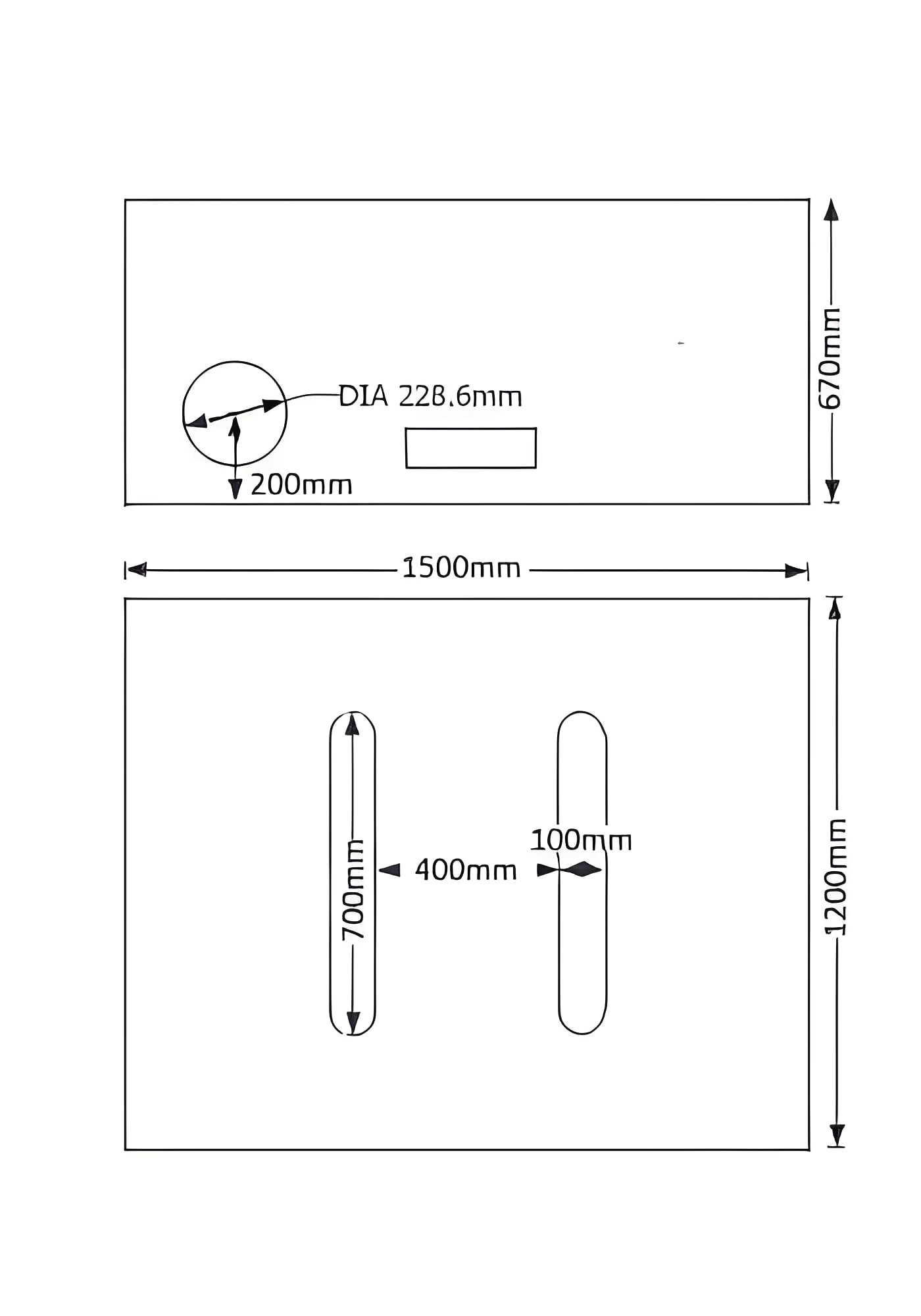 Diagram of dimensions for 1000 Litre Water Tank V1 - Non-potable showing measurements and openings.