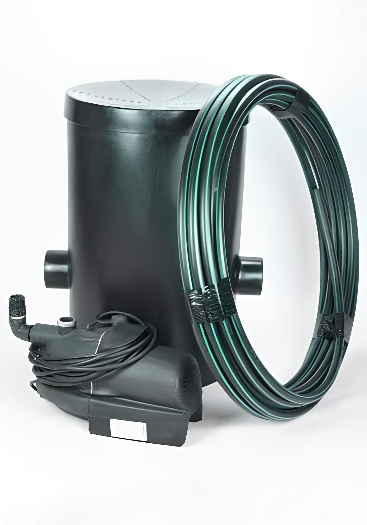 10000 litre EasyHYDRO Rainwater Harvesting System - Garden with water tank, pump, and hose.