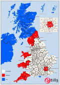 Map of the UK highlighting regions in blue and red, indicating different service levels for etills.