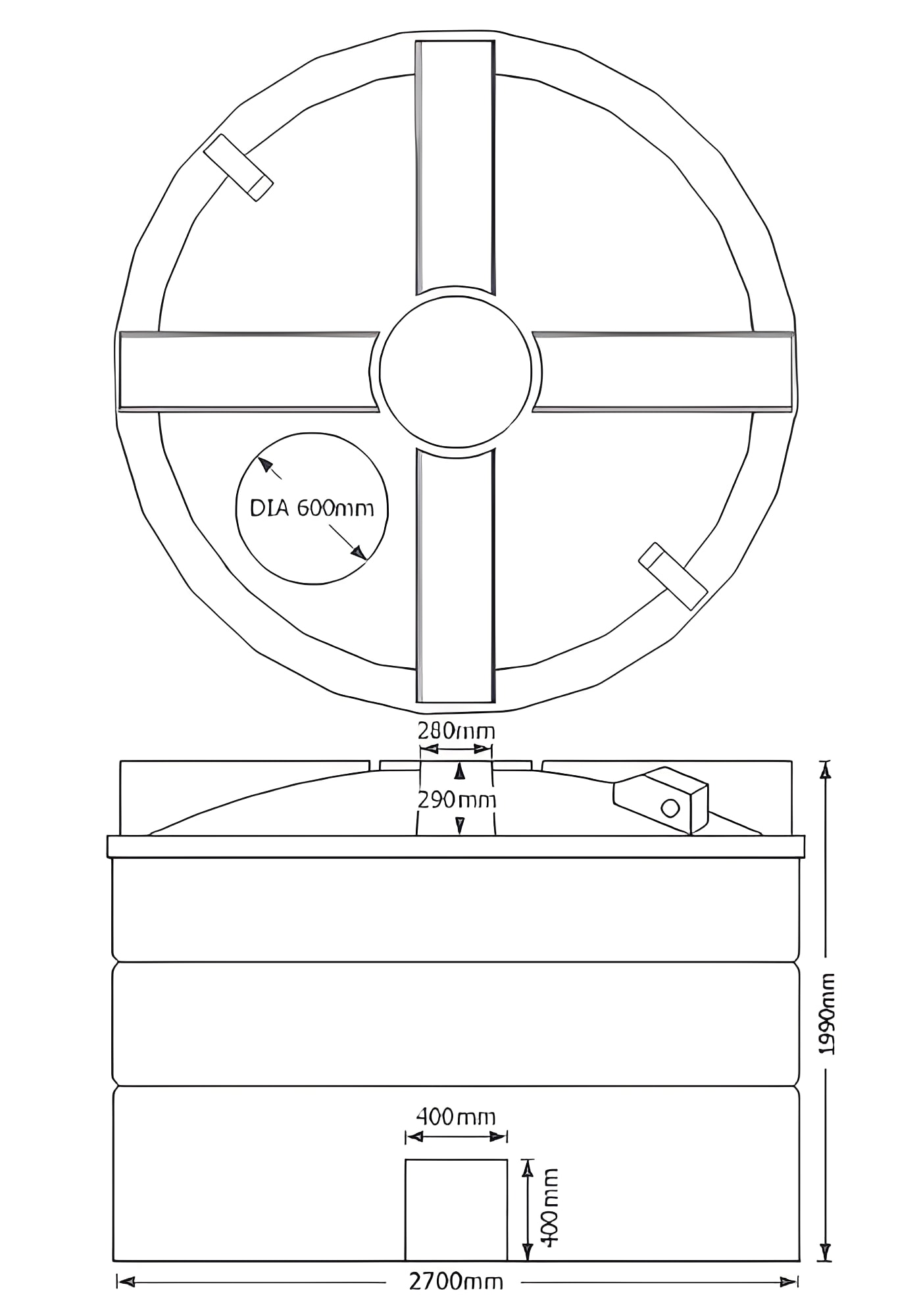 10000 Litre Underground Water Tank - Potable dimensions and specifications diagram