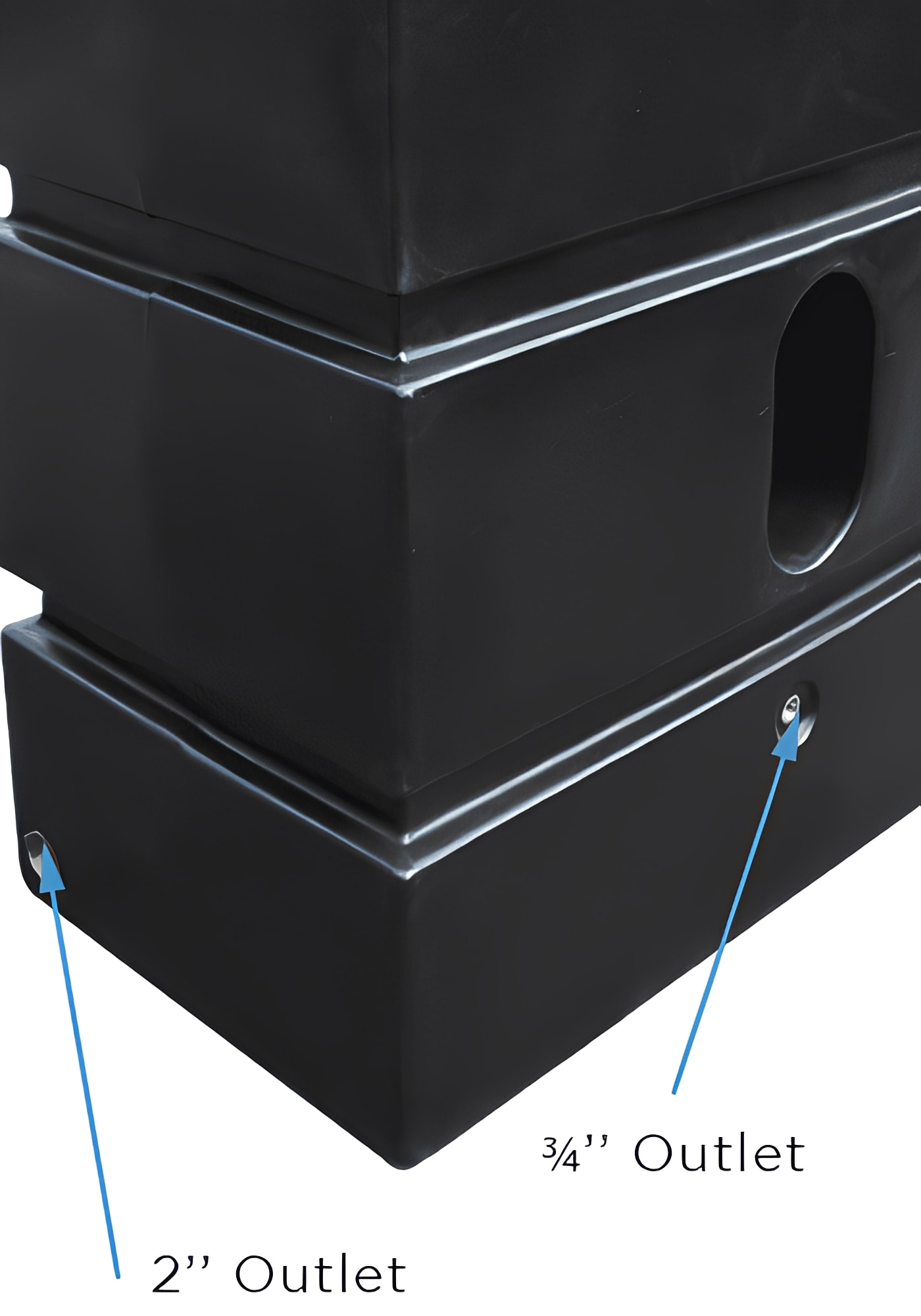 1200 Litre Water Tank Frost Proof Plastic showing 2" and 3/4" outlets for versatile connections.