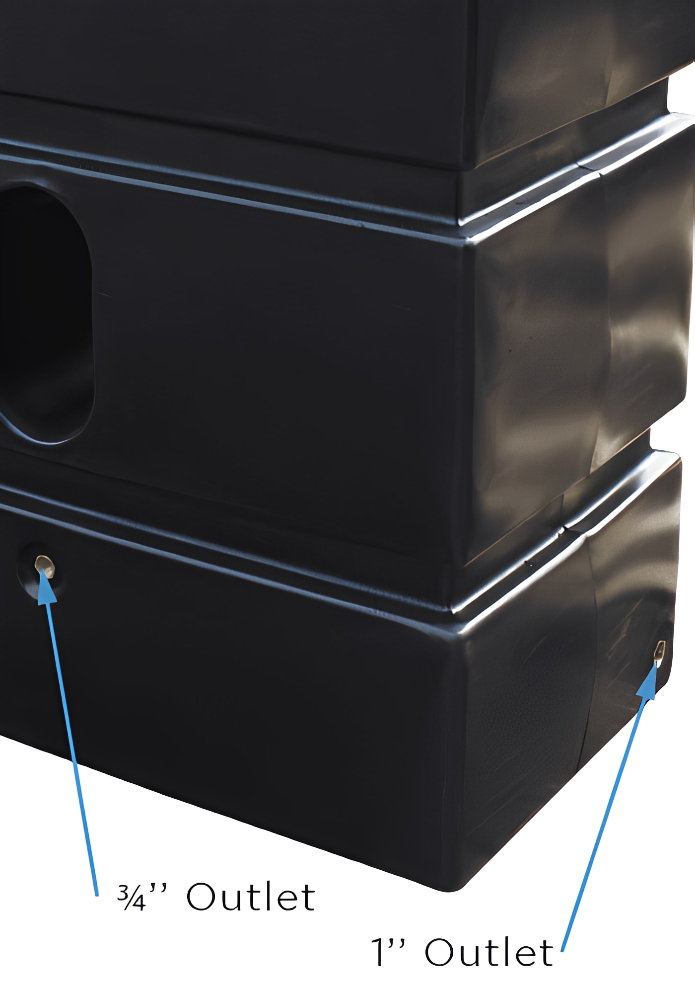 Close-up of 1200 Litre Water Tank Frost Proof Plastic showing ¾" and 1" outlet fittings.