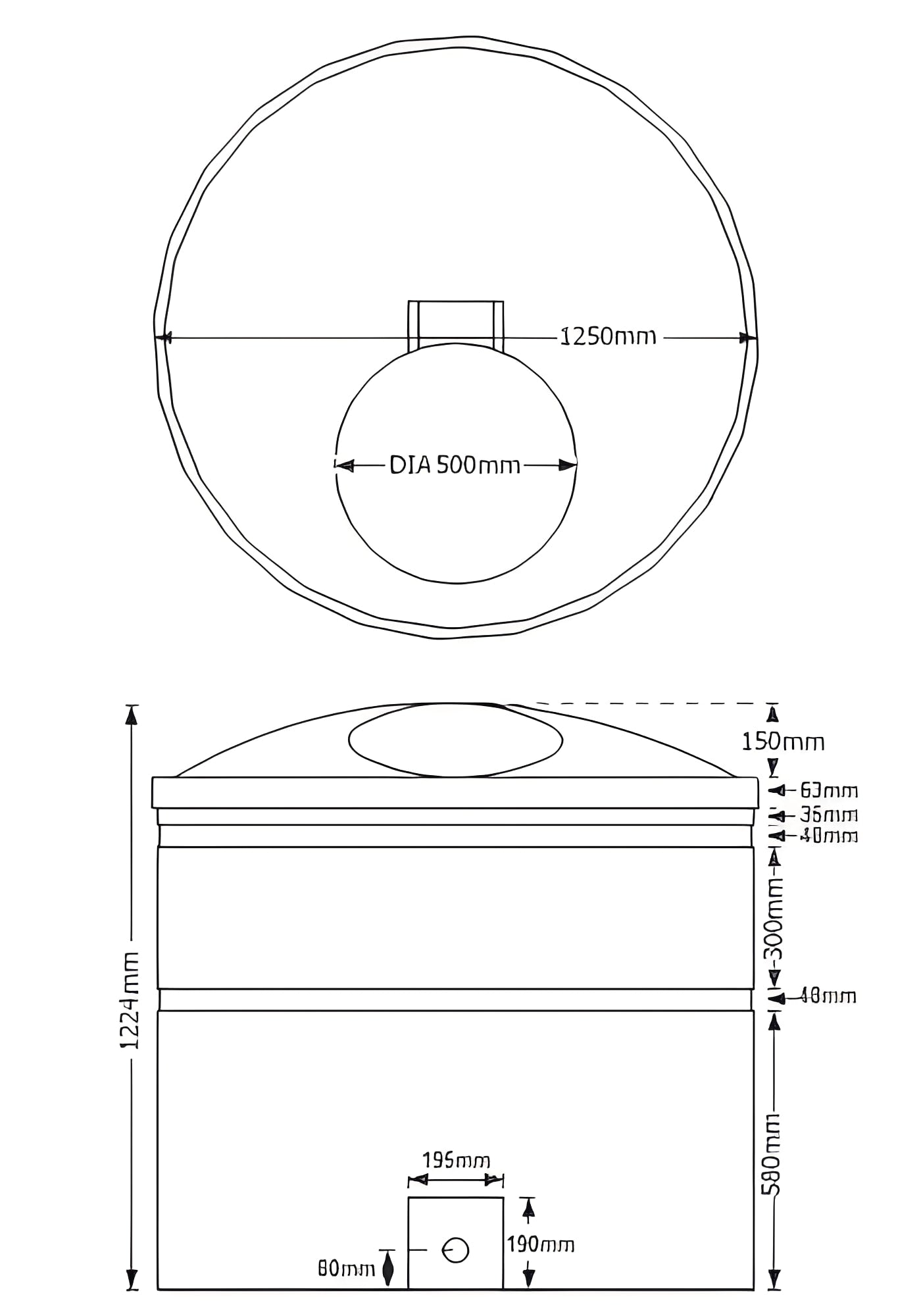 1450 Litre Water Tank with Hinged Lid dimensions and specifications diagram