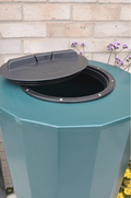 Midi Metro 185 Litre Water Butt - Green Cylindrical Tank with open lid showing rainwater collection.