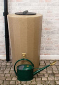 Midi Metro 185L Water Butt - Sandstone Effect Slim Design with a green watering can next to it.