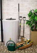 Midi Metro 185L Water Butt - White Marble Effect Slim Design with gardening tools and a plant in modern settings.