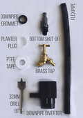 Components of the Midi Metro 185L Water Butt - White Marble Effect Slim Design including taps and fittings.
