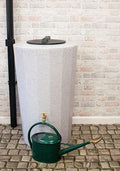 Midi Metro 185L Water Butt - White Marble Effect Slim Design with a green watering can on cobblestones.