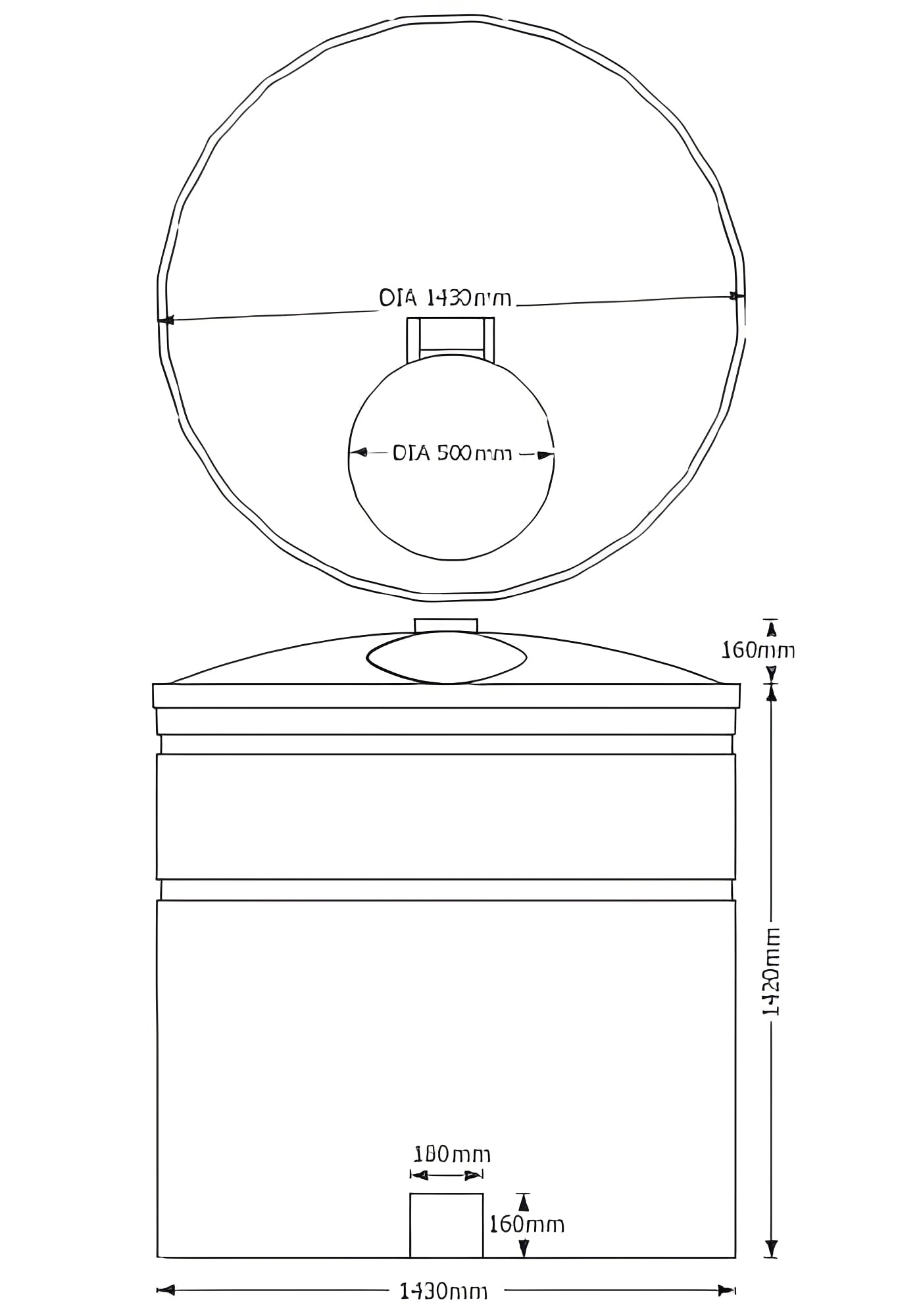 2000 Litre Potable Water Tank with WRAS Approval dimensions diagram showing tank size and fittings.