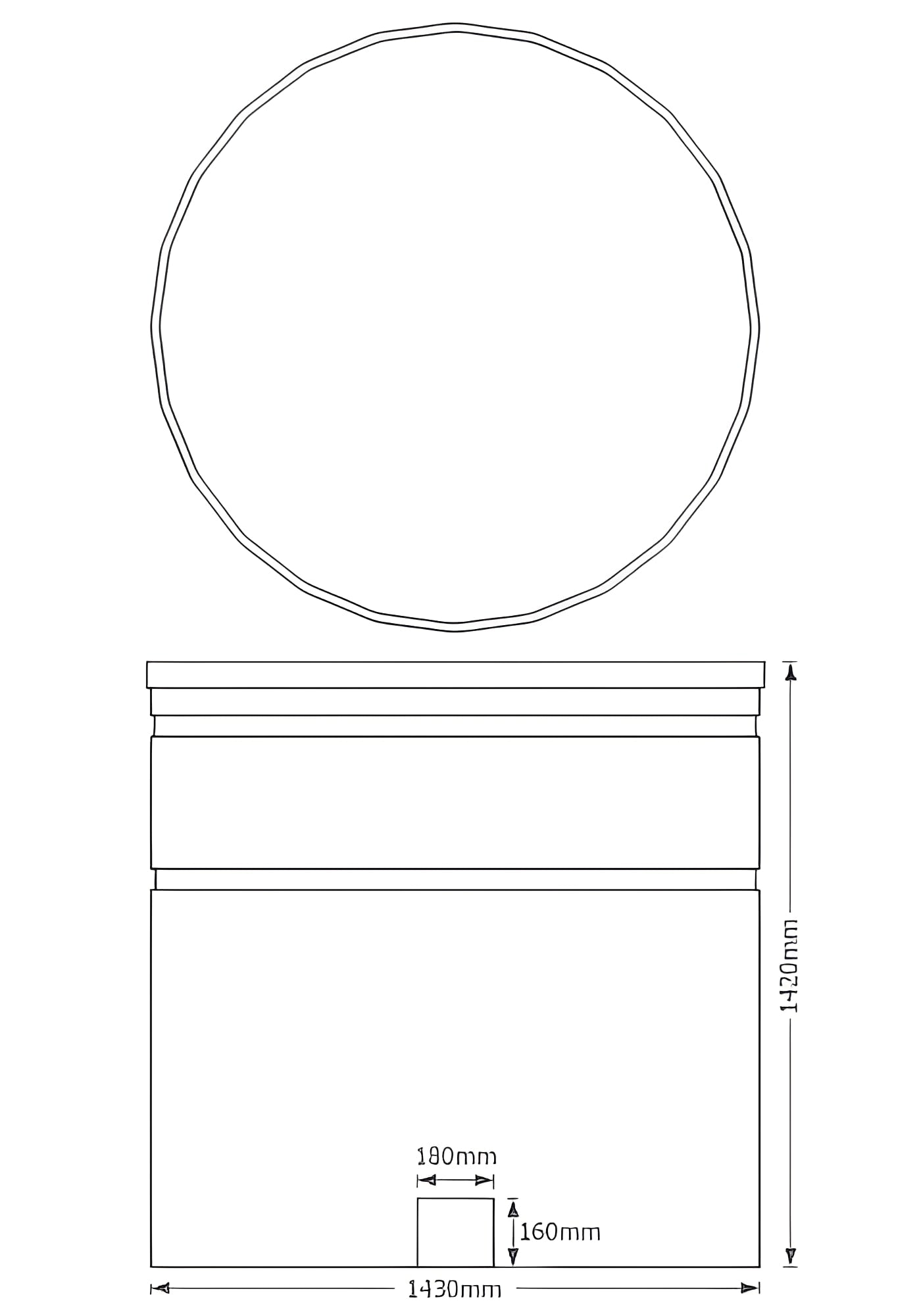 Open Top Water Tank 2000 Litres Black dimensions diagram with top and side views.