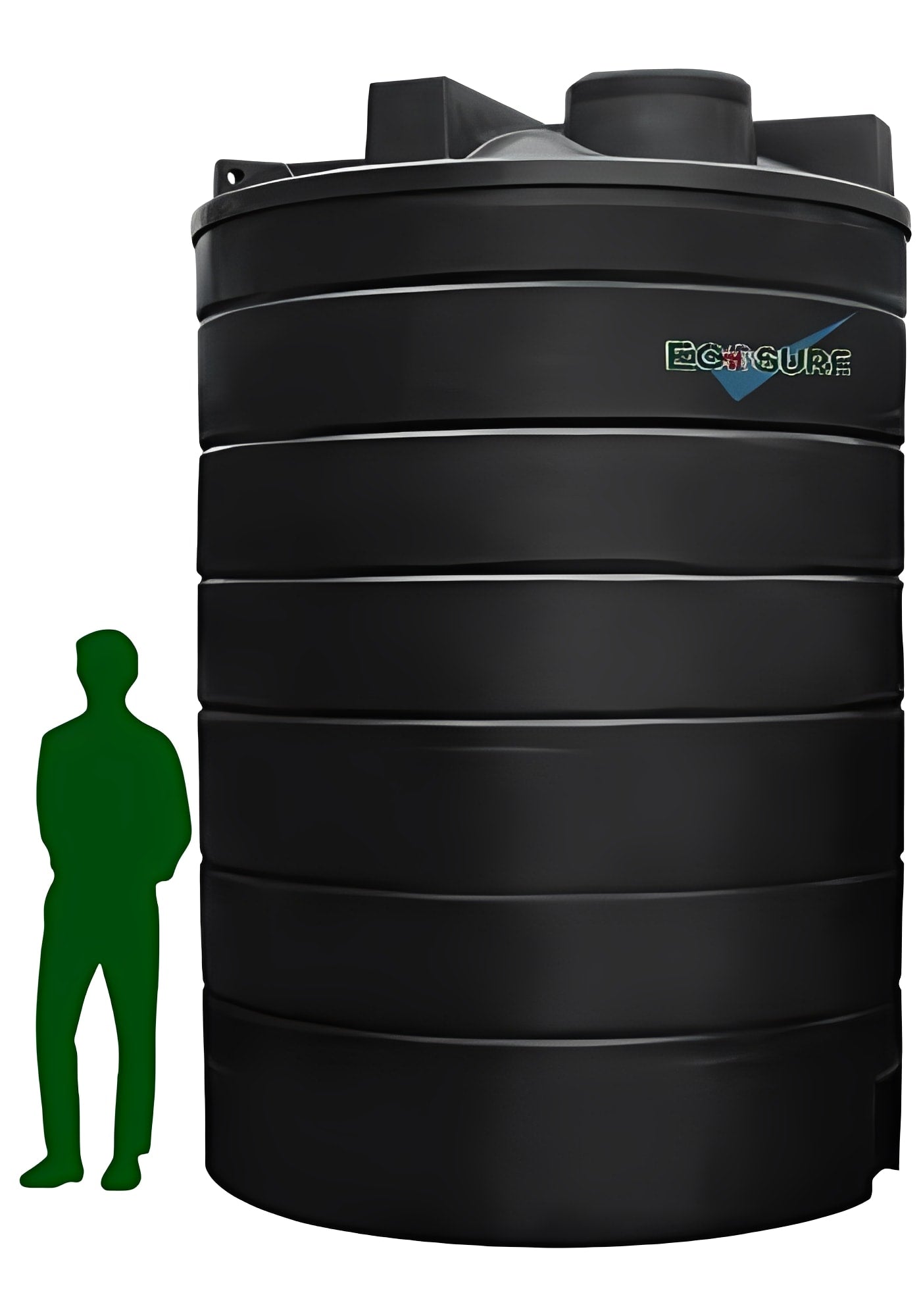20000 Litre Potable Water Tank - WRAS Approved with black polyethylene design and person silhouette for scale.