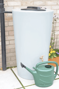 City Just Water 210L Water Butt - Grey Slim Rainwater Tank with green watering can beside it