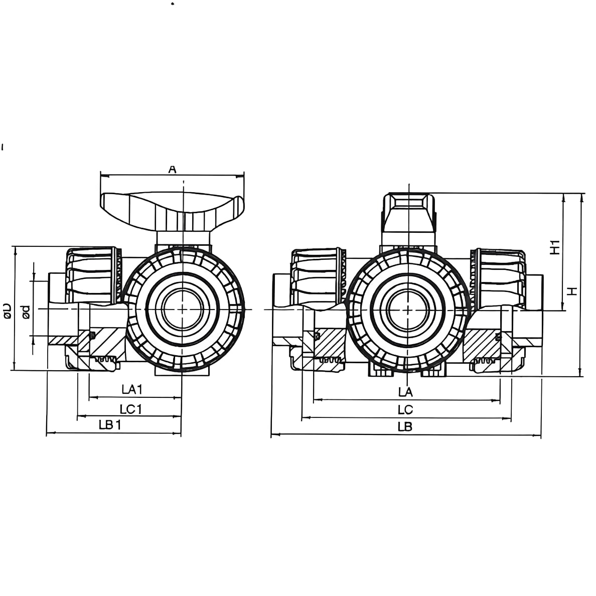 PVC 3-Way L Port Ball Valve - Plain Union Ends EPDM Seals technical drawing and dimensions