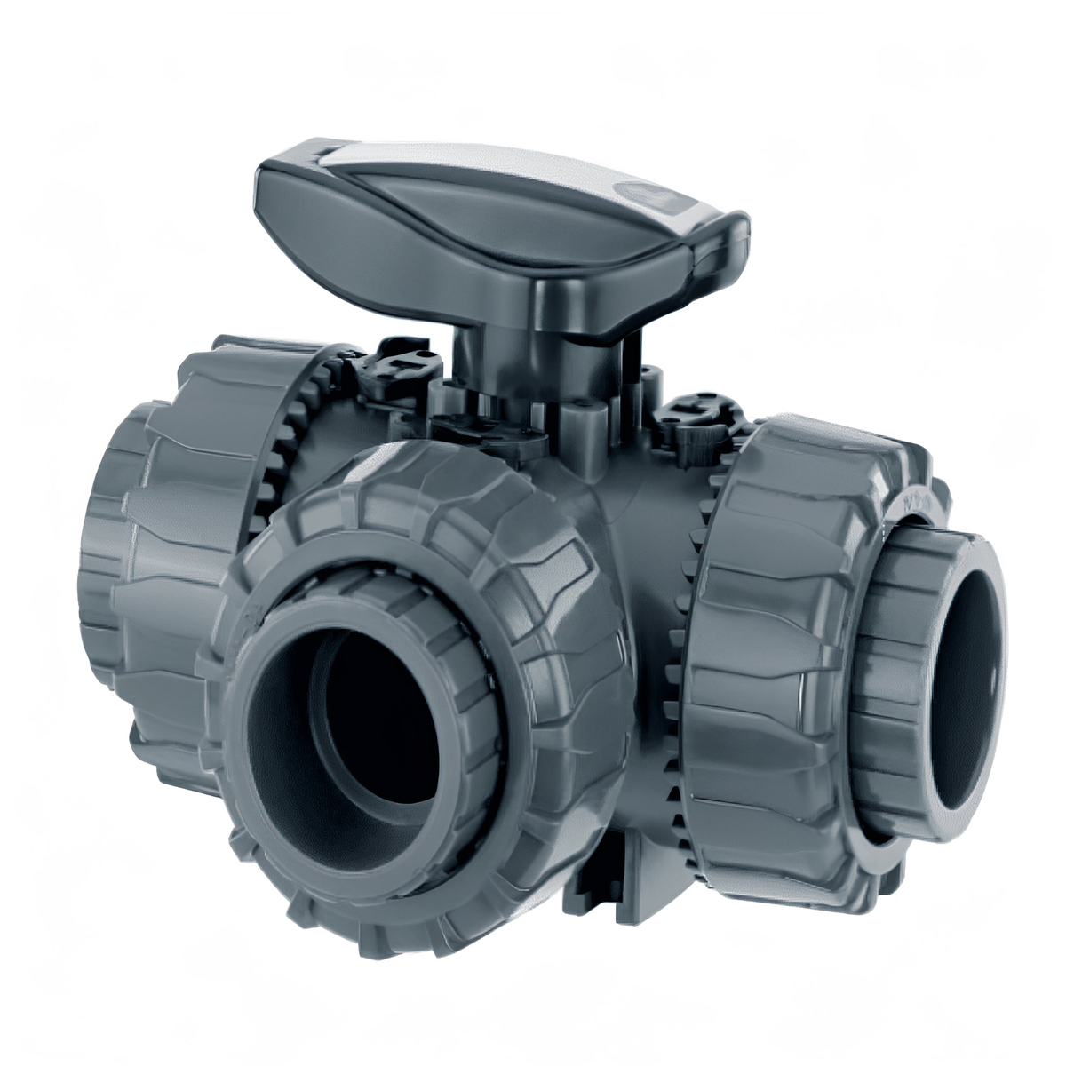 PVC 3-Way T Port Ball Valve - Plain Union Ends FPM Seals for efficient flow redirection and easy installation.