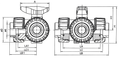 PVC 3-Way T Port Ball Valve - Plain Union Ends FPM Seals technical drawing with dimensions and detailed views.