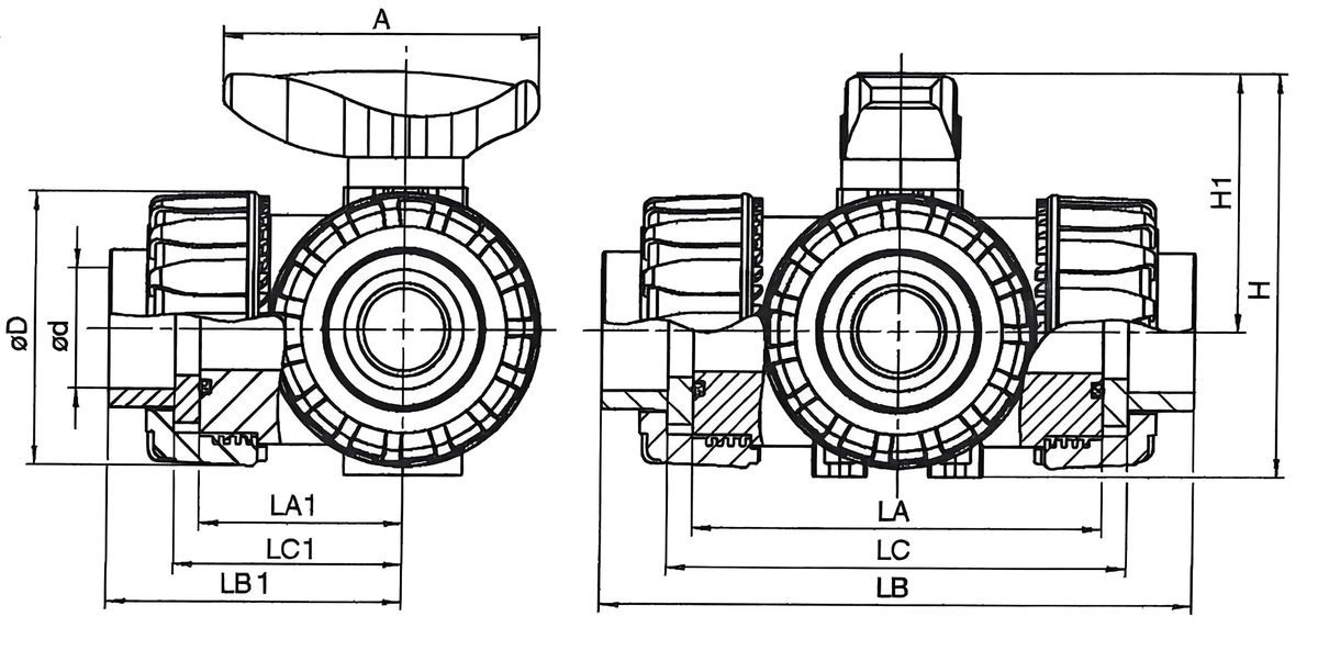 PVC 3-Way T Port Ball Valve - Plain Union Ends FPM Seals technical drawing with dimensions and detailed views.