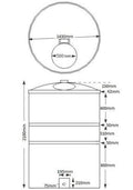 Dimensions diagram for the 3000 Litre Natural Water Tank showcasing height, width, and openings.