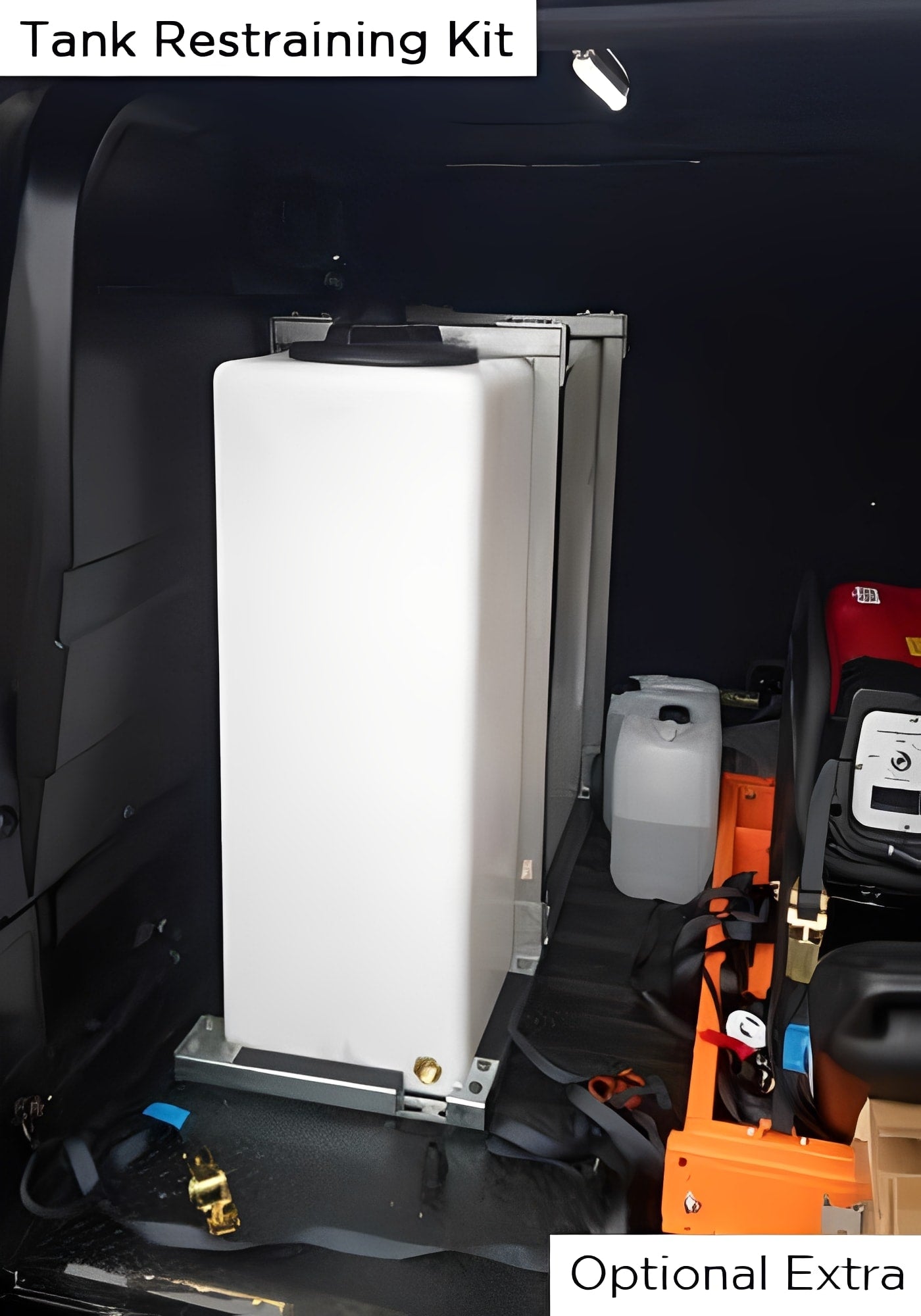 400 Litre Baffled Water Tank V1 secured with a tank restraining kit in a van.