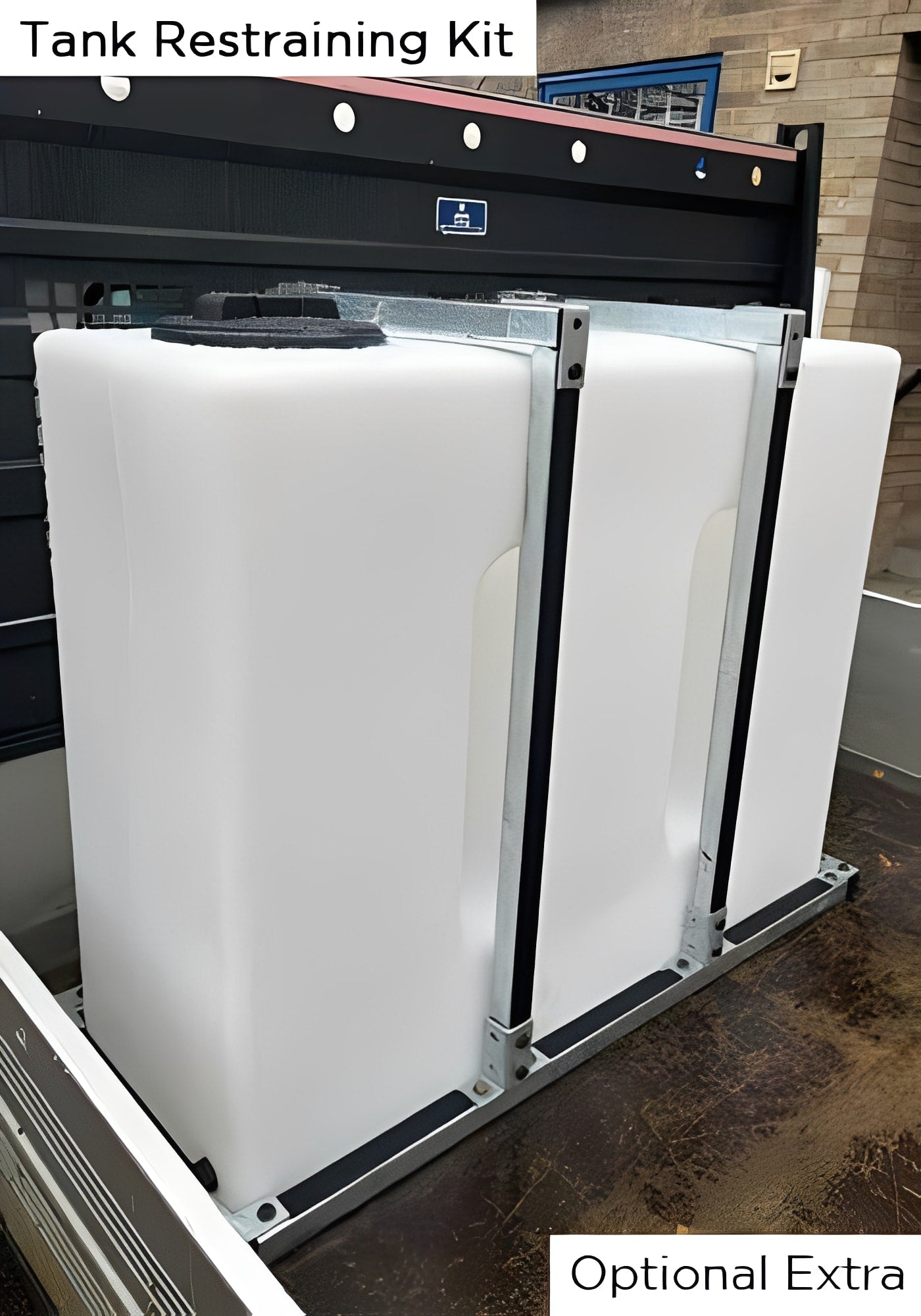 500 Litre Baffled Water Tank V1 with tank restraining kit mounted in a vehicle for secure transport.