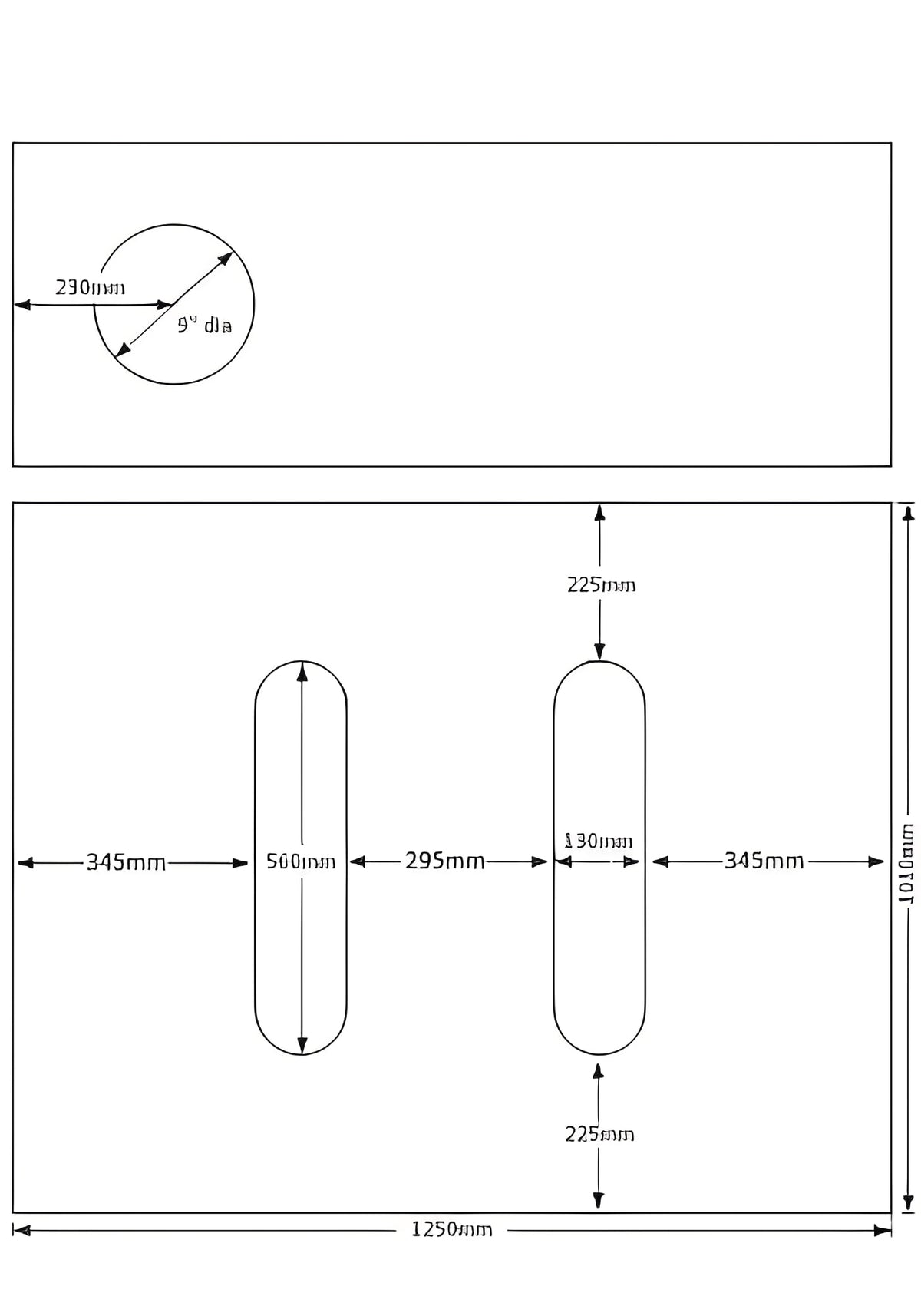 Diagram showing dimensions and layout of the 500 Litre Baffled Water Tank V2.