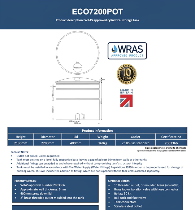 7000 Litre WRAS Approved Water Tank specifications and features including dimensions and certification details.