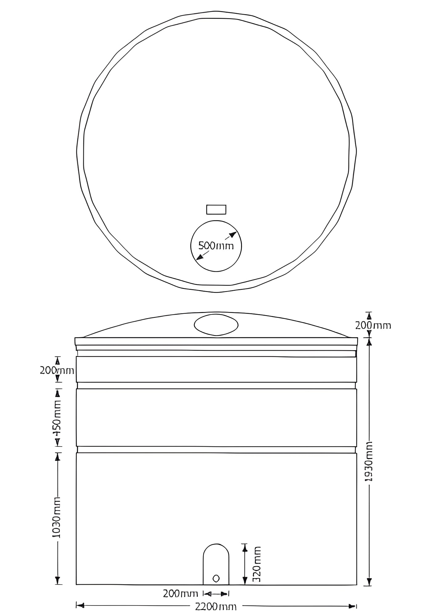 7000 Litre WRAS Approved Water Tank technical drawing with dimensions and design details.
