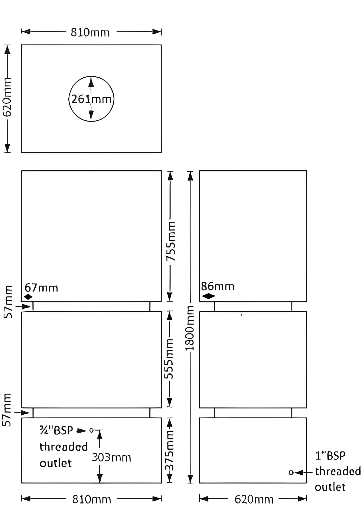 Dimensions and specifications of the 825 Litre Insulated Water Tank including measurements and outlet details.