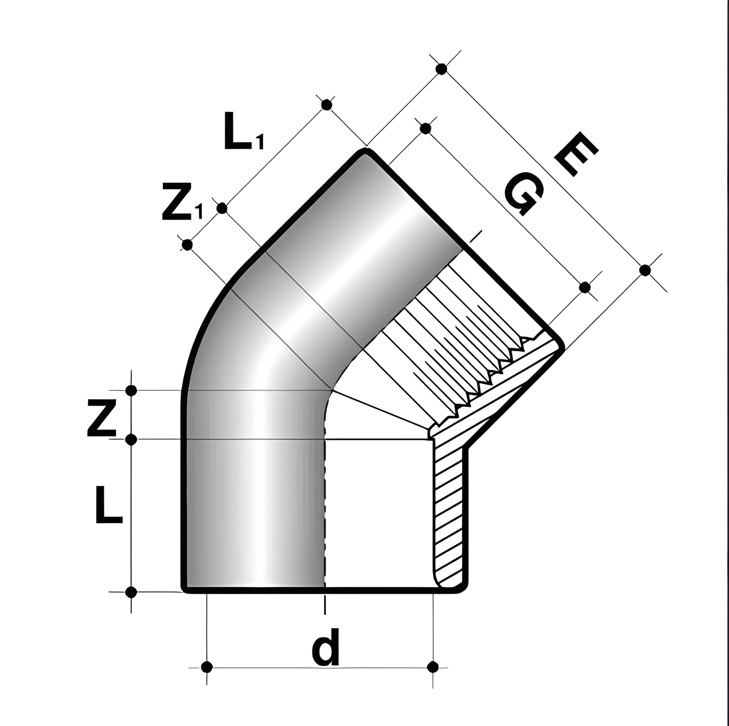 ABS 45 Degree Plain to Threaded Elbow Pipe Fitting technical illustration showing dimensions and design features.