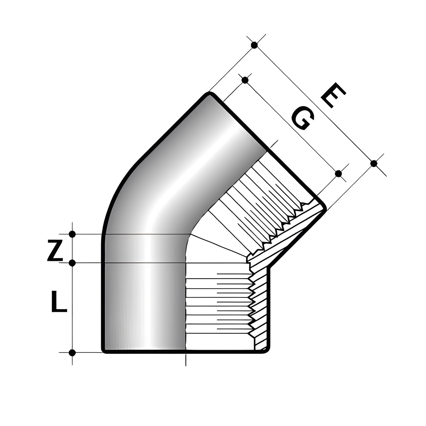 ABS 45 Degree Elbow Threaded Fitting - Imperial with dimensions Z, L, E, and G for precise connection.