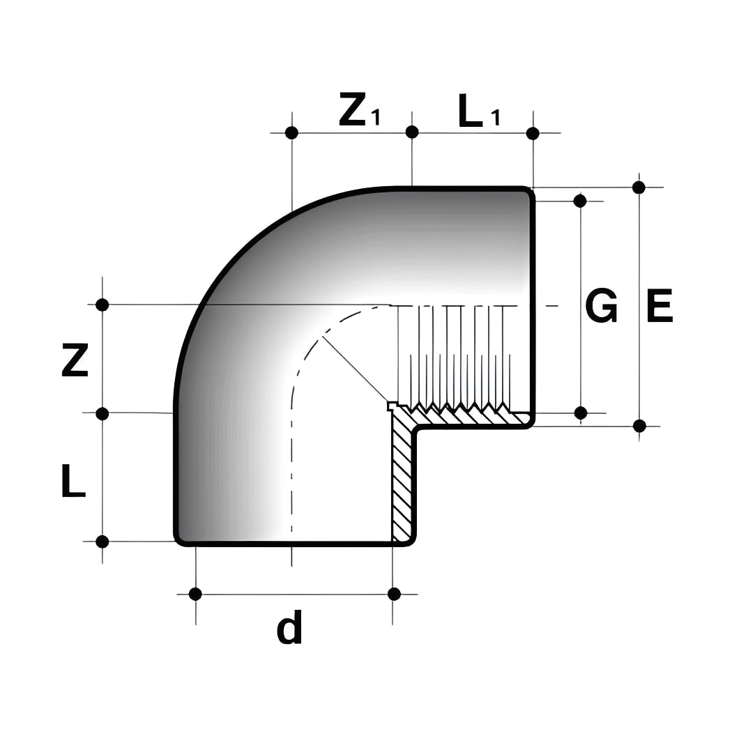 ABS 90 Degree Elbow Plain to Threaded Pipe Fitting technical drawing with dimensions for precise installation.