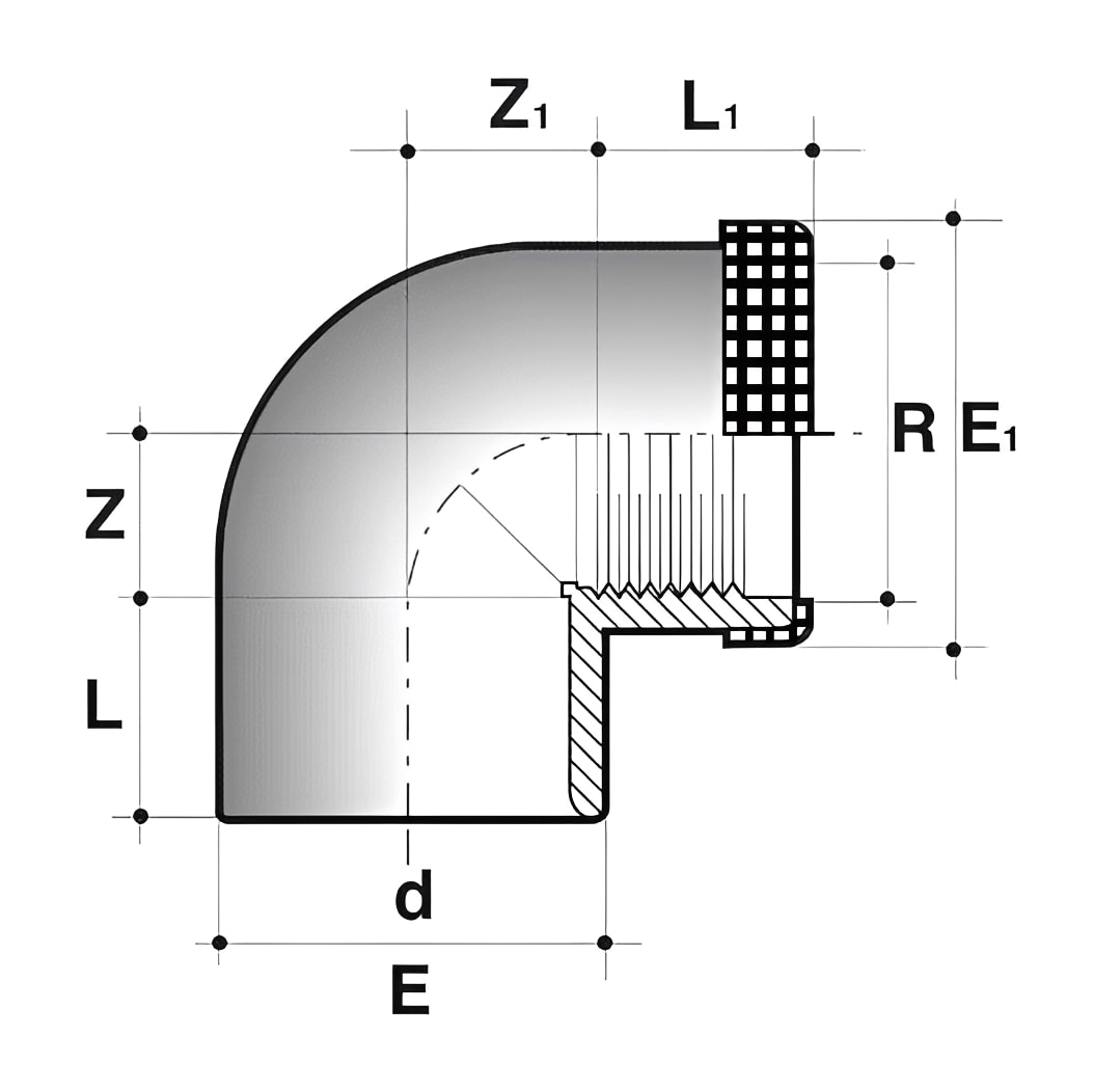ABS 90 Degree Plain to Threaded Reinforced Elbow - White technical drawing with measurements and dimensions.