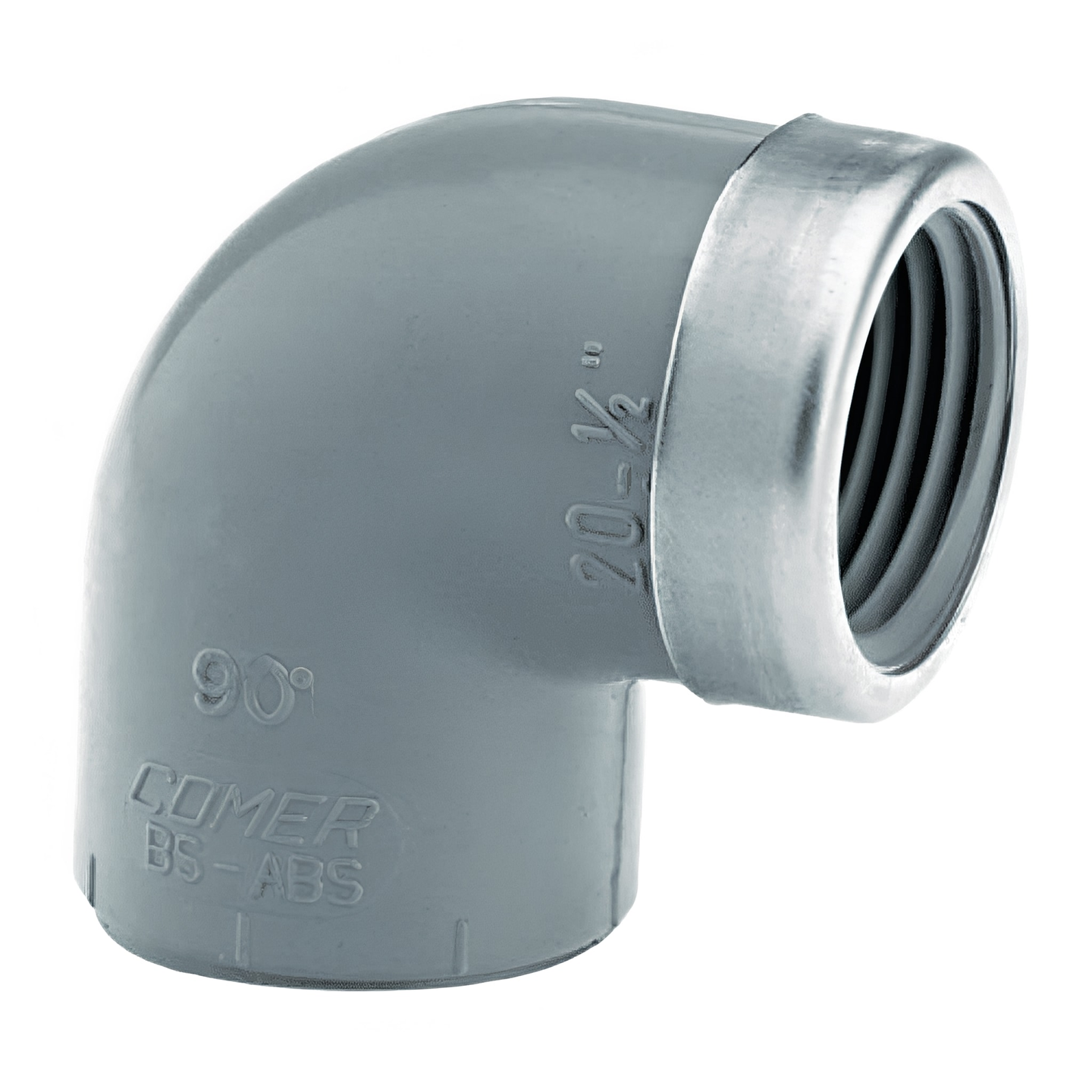 ABS 90 Degree Plain to Threaded Reinforced Elbow - White with stainless steel band for durability.