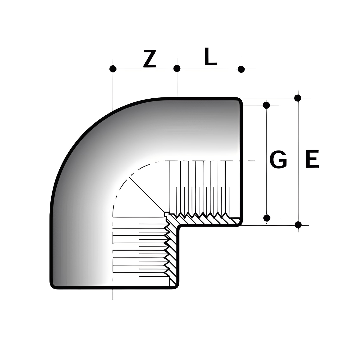 WRAS approved ABS elbow fitting diagram showing dimensions L, G, and Z for precise installation.