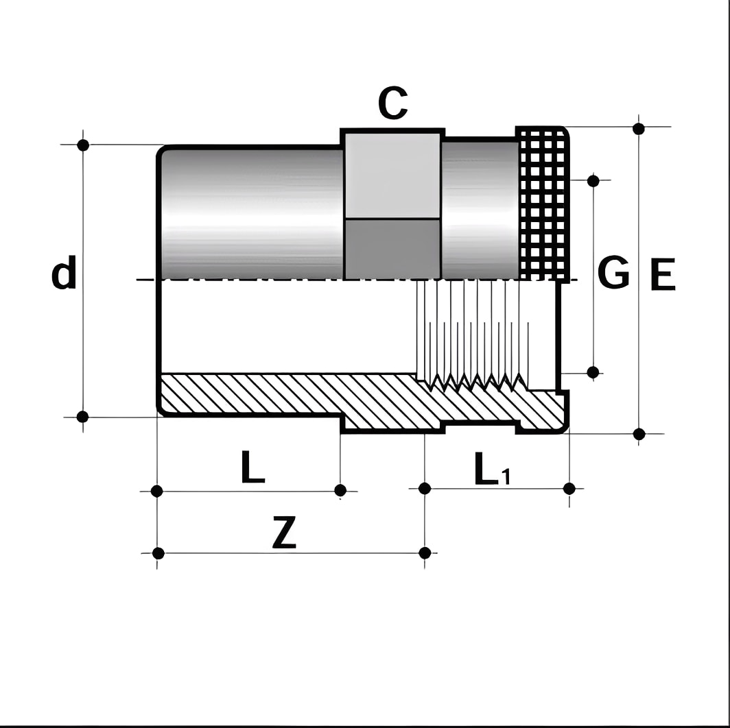 ABS Adaptor SS Reinforced Male Plain to Female Threaded technical drawing with measurements and details.
