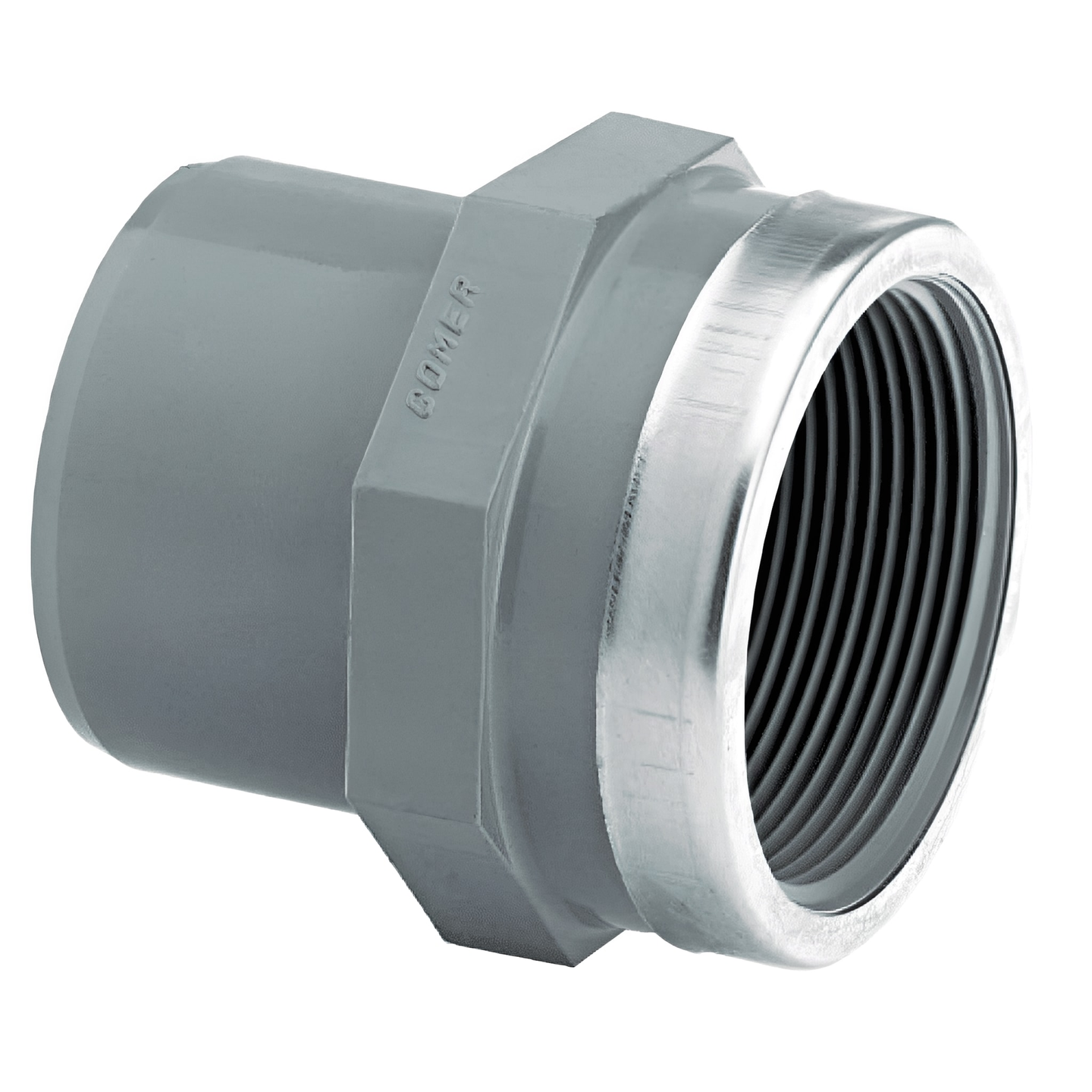 ABS Adaptor SS Reinforced Male Plain to Female Threaded for industrial applications with stainless steel reinforcement.