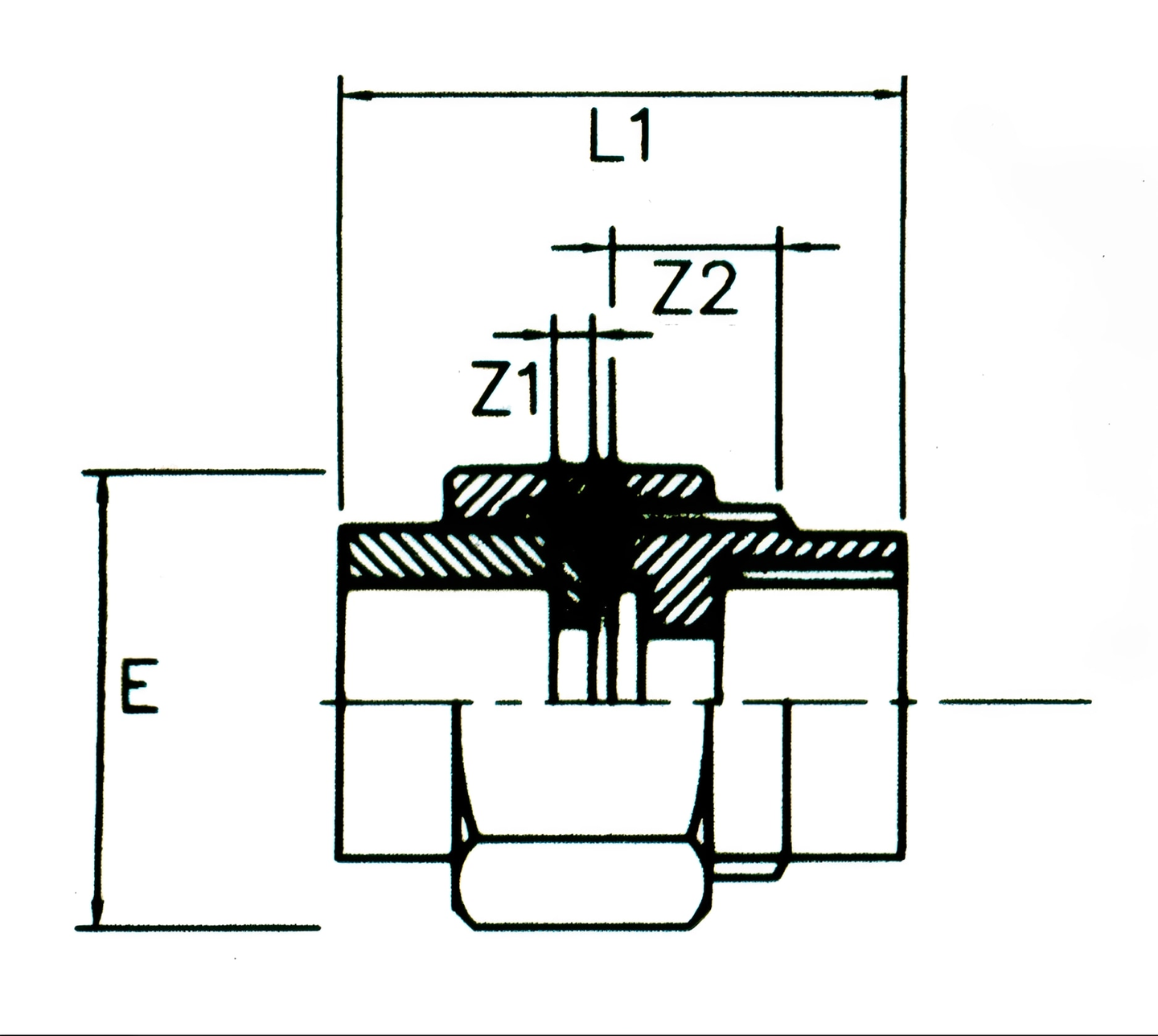 ABS Composite Union to Female Brass Pipe Fitting technical drawing with dimensions L1, Z1, Z2, and E.