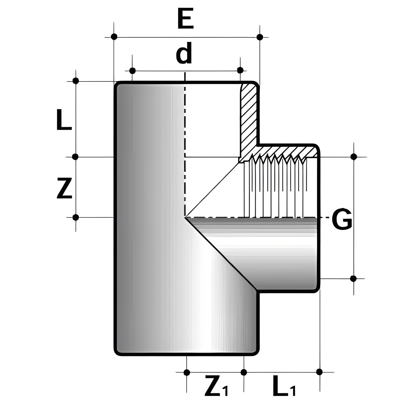 ABS Equal Tee Plain to Threaded Pipe Fitting technical drawing with dimensions labeled for installation guidance.