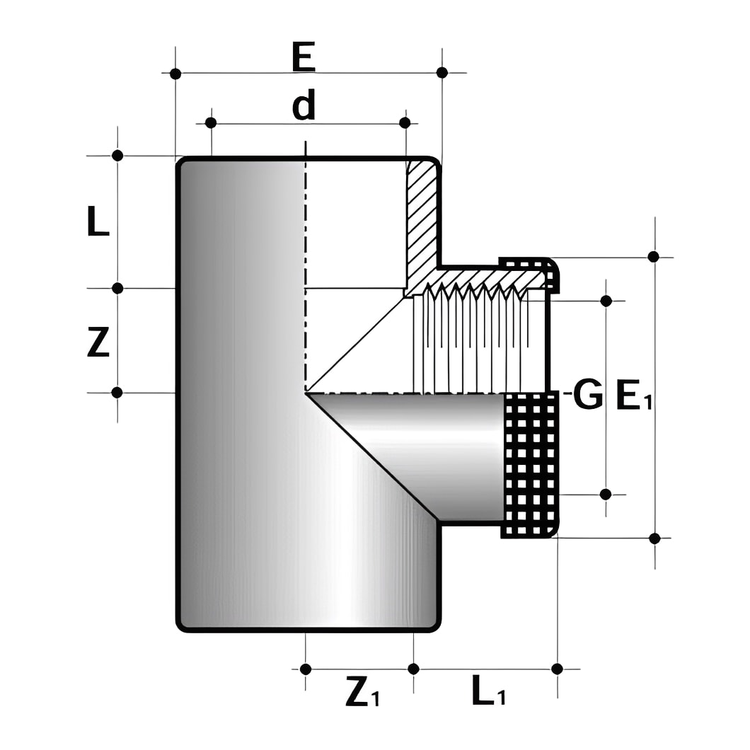 ABS Equal Tee Plain to Threaded SS Reinforced Pipe Fitting technical drawing with dimensions labeled.