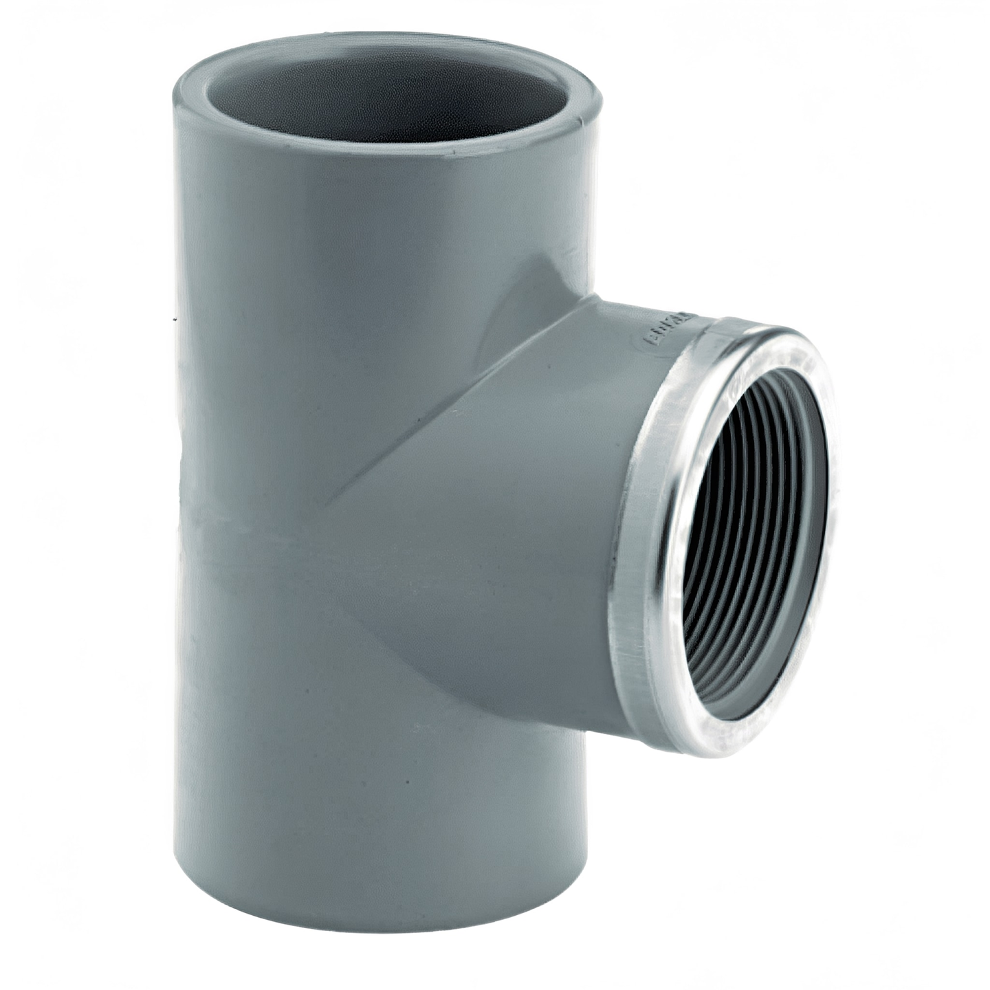 ABS Equal Tee Plain to Threaded SS Reinforced Pipe Fitting connecting three pipes with stainless steel reinforcement.