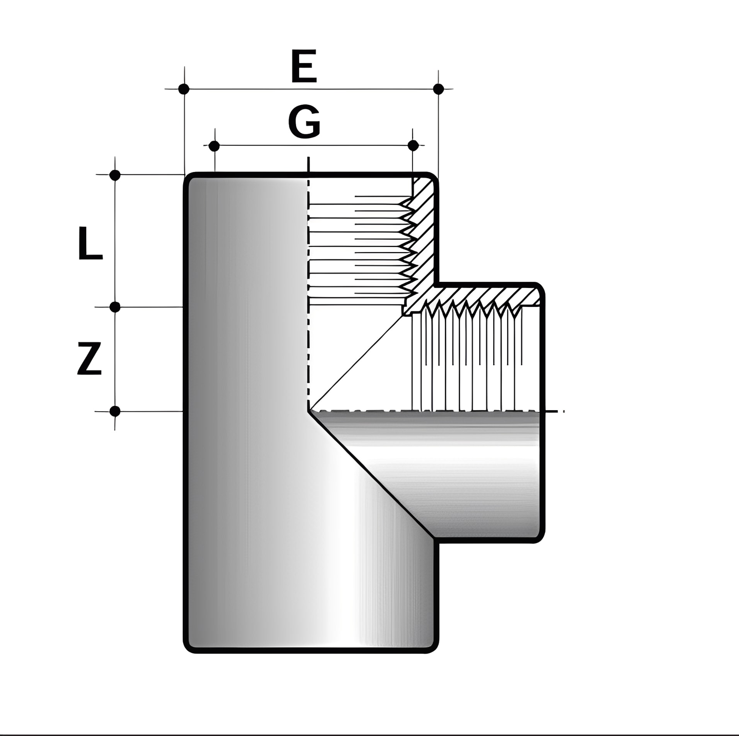 ABS Equal Tee Threaded Pipe Fitting - Imperial Inch diagram with measurements E, G, L, and Z.