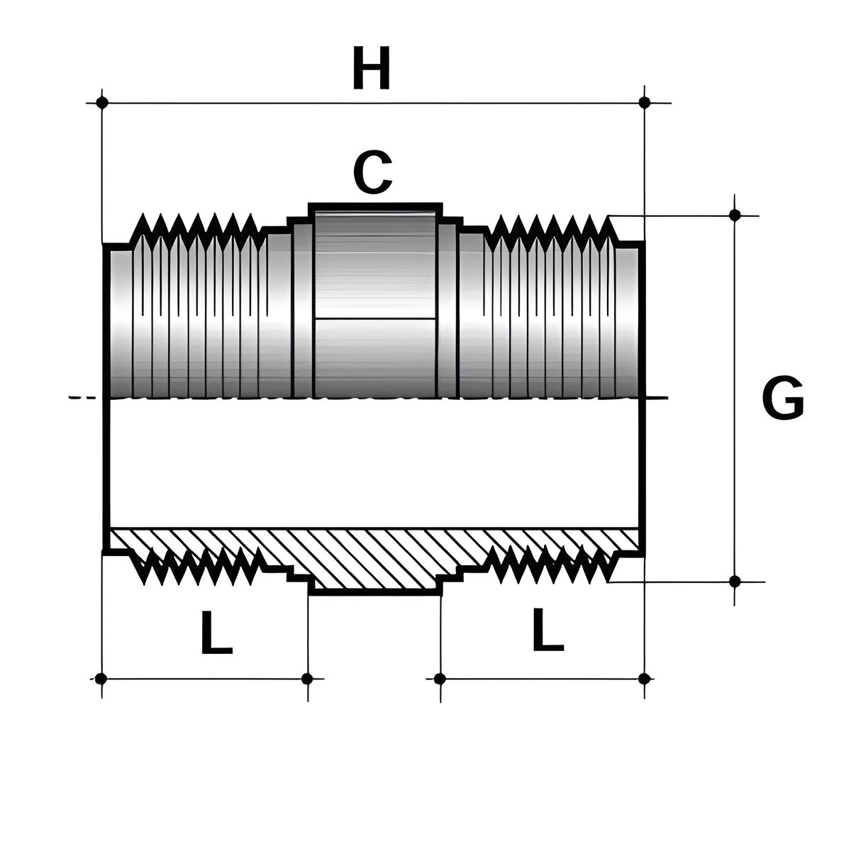 ABS Hexagon Nipple Threaded Fitting - Imperial technical drawing with dimensions H, C, G, and L marked.