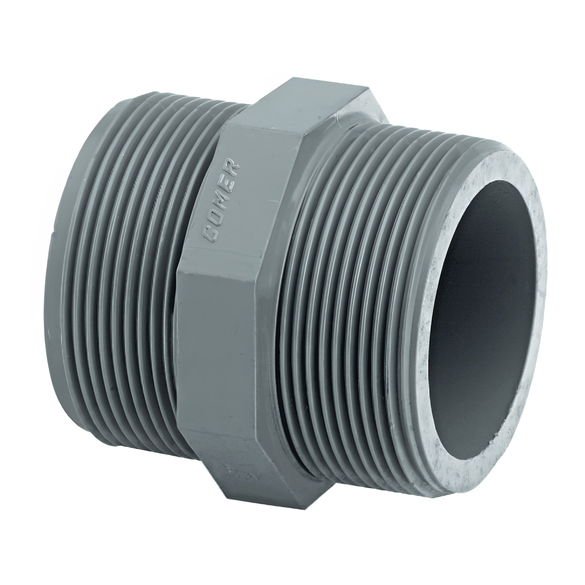 ABS Hexagon Nipple Threaded Fitting - Imperial, gray threaded pipe fitting for secure plumbing connections.