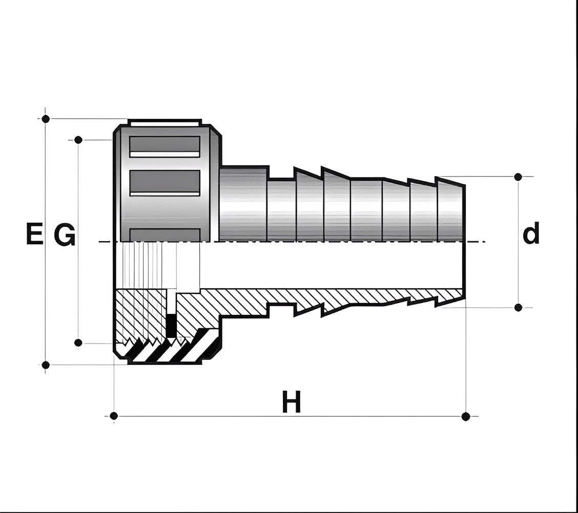 ABS Hose Adaptor Female BSP x MM Hose Tail - WRAS Approved technical drawing with dimensions labeled E, d, H.
